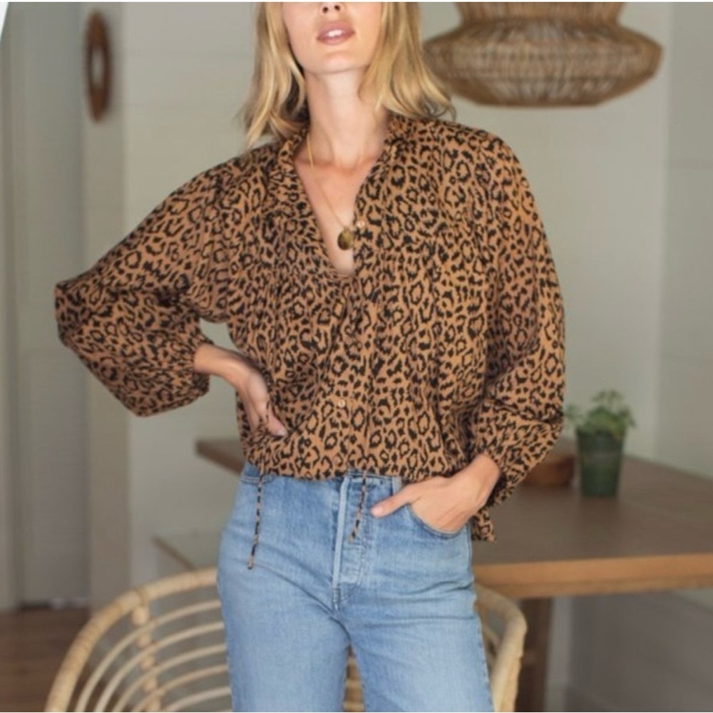 Emerson Fry Emmaline India Collection Leopard Blouse XS 100% Organic Cotton EUC